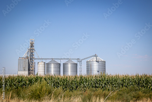 Large Silver Grain Processing Silos at a Farm © Dallas