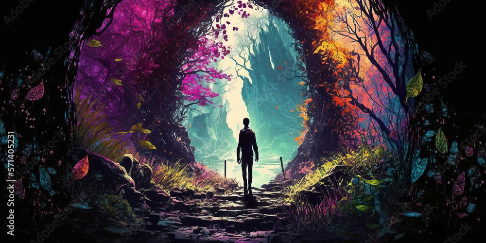 Fototapeta premium spectacular enchanted colorful fantasy forest background, generative ai