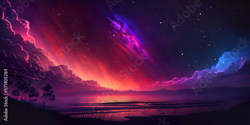colorful sky and galaxy universe and aurora borealis panoramic landscape background design  generative ai