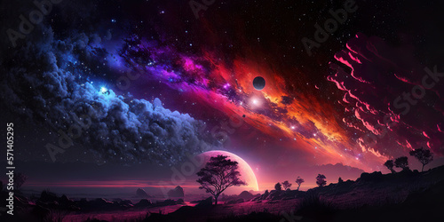 colorful sky and galaxy universe and aurora borealis panoramic landscape background design, generative ai