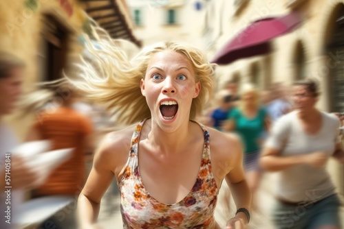 Blonde young woman running away in panic. Generative AI