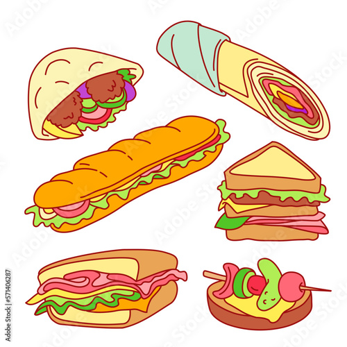 Club sandwich, tapas, falafel, deli wrap and roll. Colorful hand drawn vector illustrations set isolated on background. Outline stroke is not expanded, stroke weight is editable  