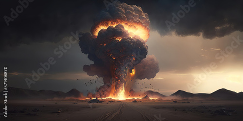 dystopic apolyptic explosion and fire and smoke in the destructed city, generative ai