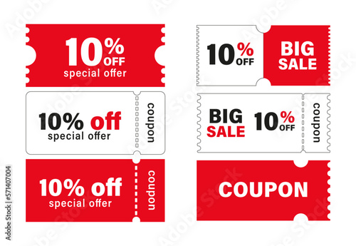 Discount coupon. coupon set, 10% off discount coupon, special offer, big sale, gift voucher, red vector illustration