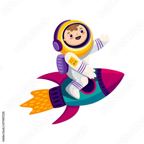 Astronaut superhero flying on cute speed rocket