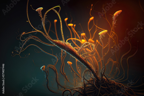 abstract illustration of cordyceps mushroom fungus hypha mycelium tendrils, generative ai