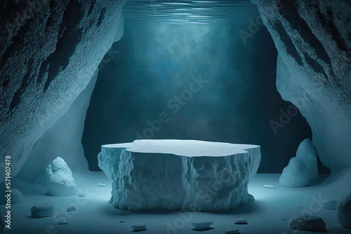 Fotografia, Obraz underwater scene with empty stone pedestal for product display, generative ai
