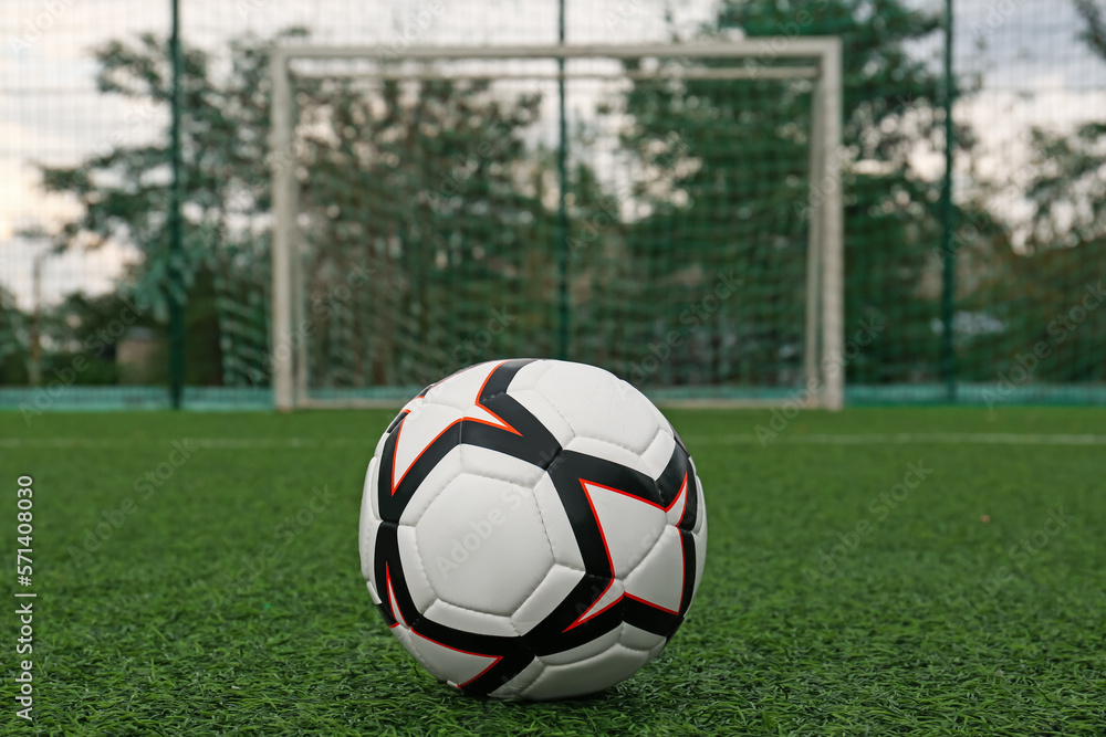 New soccer ball on green football field