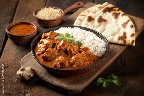Fotografia Chicken tikka masala spicy curry meat food in a clay plate with rice and naan bread on wooden background