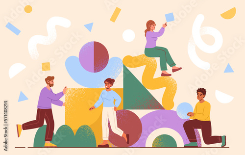 Business and creativity process. Teamwork, partnership and collaboration. Group of men and women create structure from abstract geometric shapes. Brainstorming. Cartoon flat vector illustration