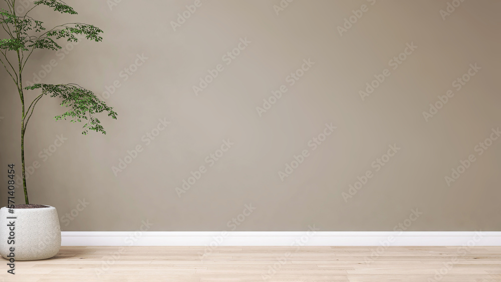 Blank beige brown wall in house with green tropical tree in white modern design pot, baseboard on wooden parquet in sunlight for luxury interior design decoration, home appliance product background 3D Blank beige brown wall in house with green tropical tree in white modern design pot, baseboard on wooden parquet in sunlight for luxury interior design decoration, home appliance product background 3D
