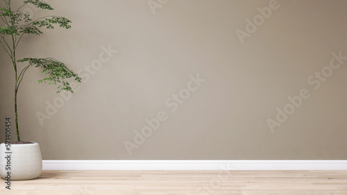 Blank beige brown wall in house with green tropical tree in white modern design pot, baseboard on wooden parquet in sunlight for luxury interior design decoration, home appliance product background 3D photo