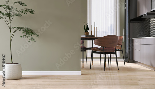Blank sage green wall partition, white baseboard on parquet floor in luxury, modern kitchen with wooden dining table, chair, cabinet, cupboard, black refrigerator in sunlight from window curtain 3D photo