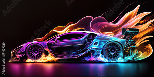 anstract colorful burning sport car on black background, generative ai