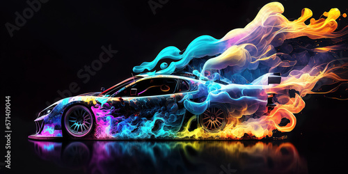 anstract colorful burning sport car on black background, generative ai photo