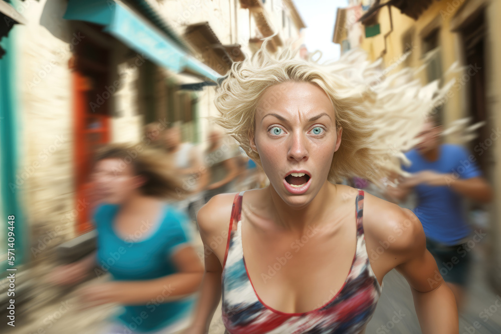 Blonde young woman running away in panic. Generative AI