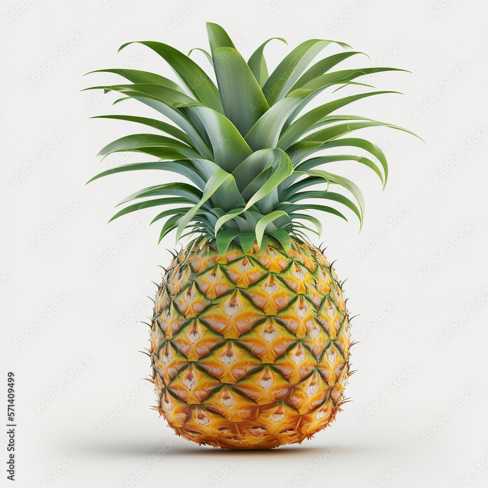 Fototapeta premium Yellow pineapple, rather sweet taste, greenish skin. 3D Realistic organic illustration. On white background. Generative AI