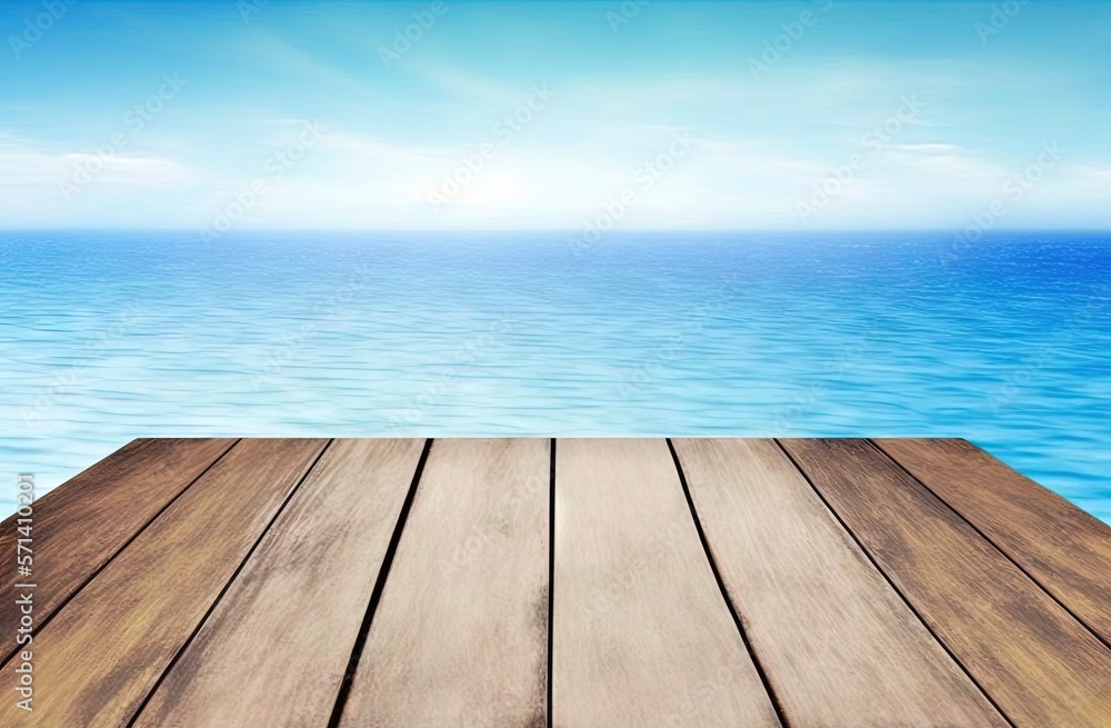 a wooden tabletop over a summertime sea of haze. Blue sky, empty wooden table by the water. idea of a maritime summer vacation. Generative AI