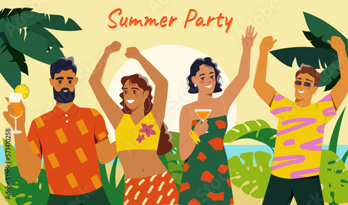 Summer party concept. Happy smiling men and women dance to music, drink cocktails and relax on beach of tropical island. Event or holiday. Tourism, travel or vacation. Cartoon flat vector illustration