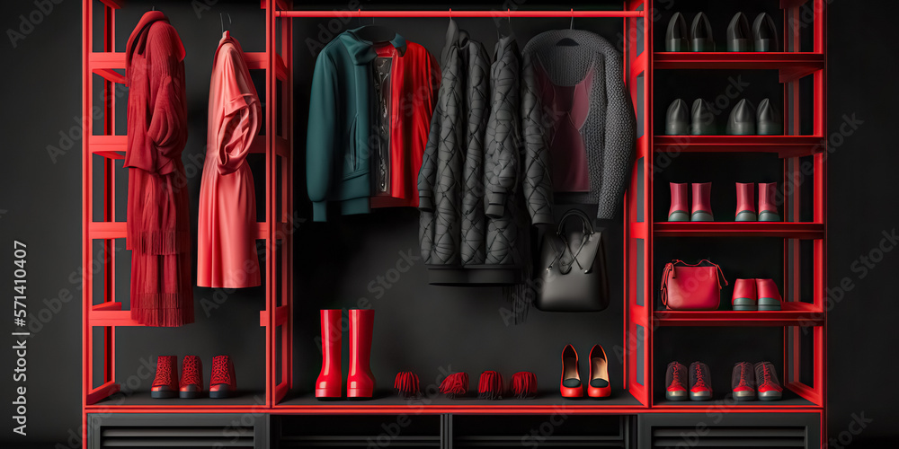 Rack with female clothes. Modern wardrobe with stylish red black ...