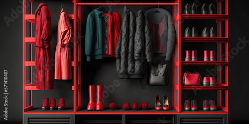Rack with female clothes. Modern wardrobe with stylish red black clothes and accessories. digital ai art 