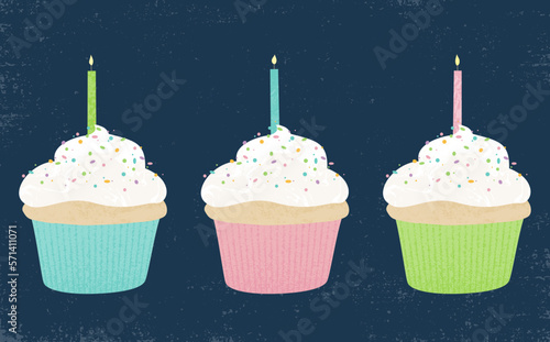 Birthday cupcake row with candles, in a cut paper style with textures.
