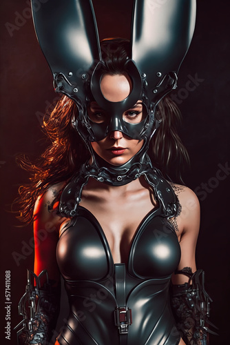 sexy cyborg girl in a leather suit with a mask with silicone breasts. Generative AI