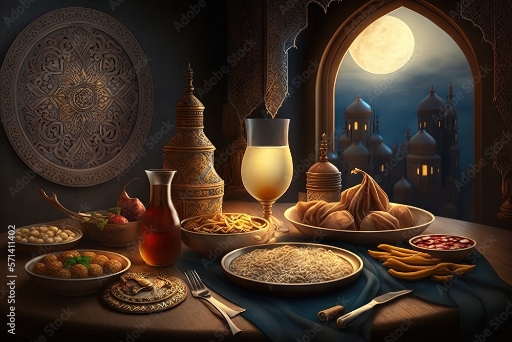 Iftar or Suhoor served in Ramadan. Generative AI Stock Illustration Adobe Stock