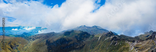 Aerial panorama of the crater from the pichicha volcano, with wawa pichincha visible at the end