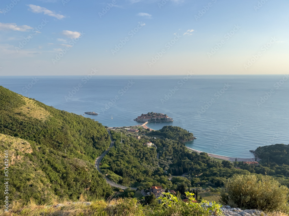 View from the mountain to the Adriatic coast and the island of Sveti Stefan. Montenegro