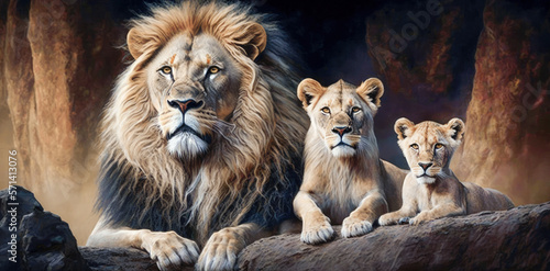 Close up of a lion family. Generative AI