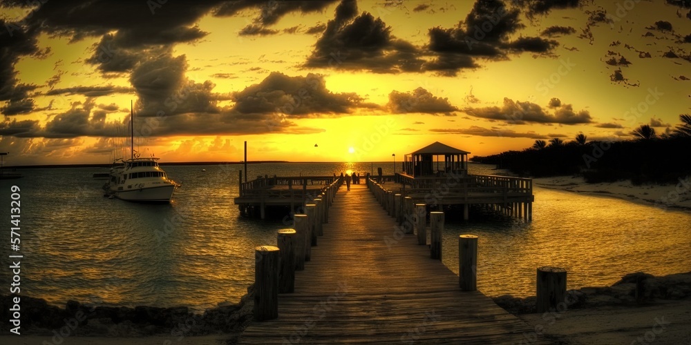 A golden sunset was captured at The Bluff's public dock in Eleuthera. Generative AI