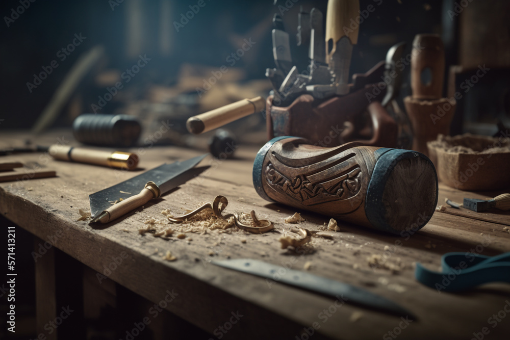 Carpentry background, tools over a wooden table, generative ai