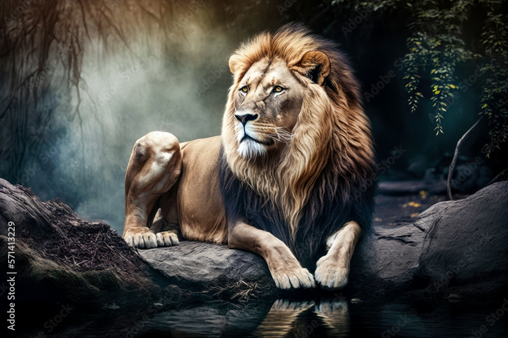 Majestic lion by the water. Generative AI Majestic lion by the water. Generative AI