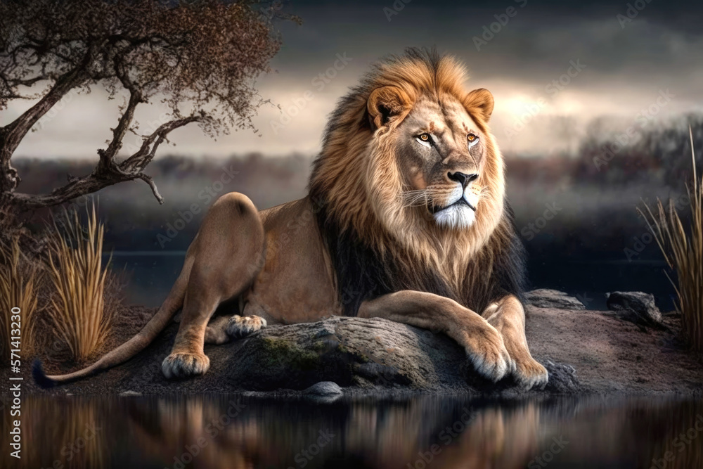 Majestic lion by the water. Generative AI - obrazy, fototapety, plakaty 