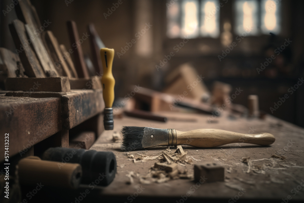 Carpentry background, tools over a wooden table, generative ai Carpentry background, tools over a wooden table, generative ai