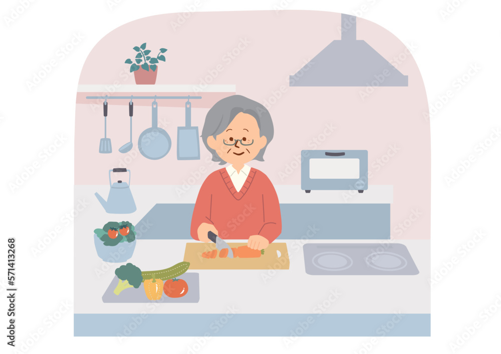 料理をするシニア女性のイラスト 料理をするシニア女性のイラスト
