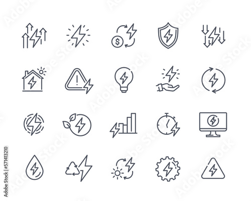 Set of linear icons related to energy. Stickers with alternative electricity sources, lightning bolts and light bulb with electric power. Cartoon flat vector collection isolated on white background