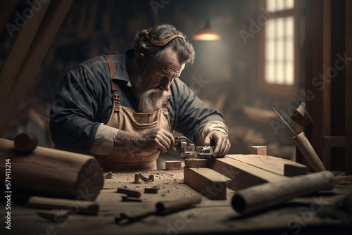 Carpentry background, carpenter works, tools over a wooden table, generative ai