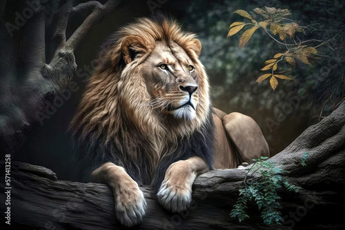 Majestic lion on a tree trunk. Generative AI