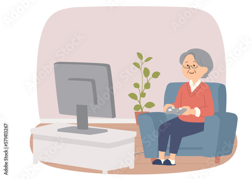 テレビゲームを楽しむシニア女性のイラスト