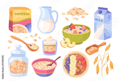 Set Oatmeal Breakfast. Stickers with porridge with fruits and berries, jar of granola and oat flakes with milk, Healthy food or diet. Cartoon flat vector collection isolated on white background