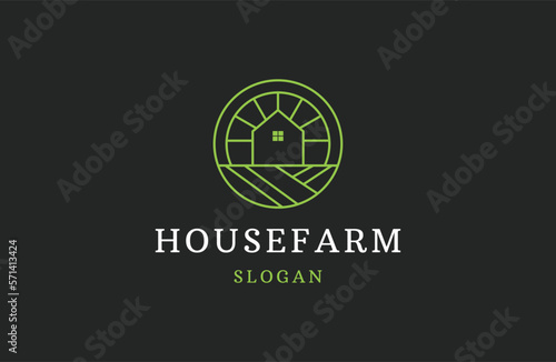 Farm House concept logo. Template with farm landscape. Labels for natural agricultural products.