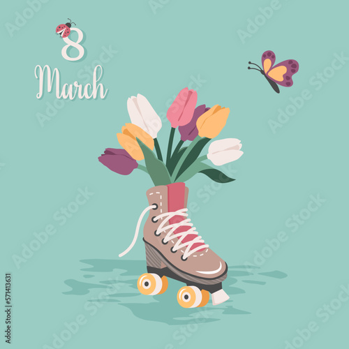 Retro Women's day greeting card. Vintage Roller skates with colorful bouquet of tulips inside, lettering. Hand drawn templates for March 8, birthday, Mother's day. Vector flat cartoon illustration