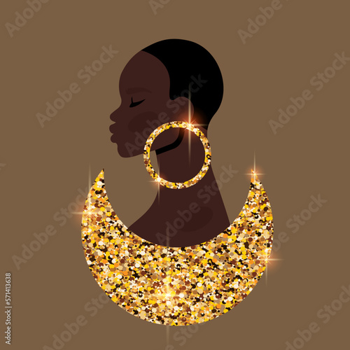 Young beautiful black woman. Portrait of african girl with short hair, gold glitter earrings and moon. Portrait art. Side view. Vector flat Illustration for avatar, fashion, beauty industry, jewellery