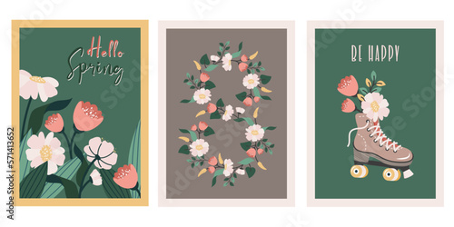 Set of Women's day greeting card. Retro Roller skate with bouquet of wildflowers, text, spring background, floral pattern. Vector flat Hand drawn illustration for March 8, birthday, Mother's day.
