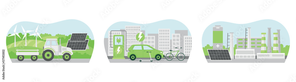 Sustainability illustration set. Scenes with alternative energy sources for factories, farms and cities. Charging station for electric cars, solar panels and windmills. Cartoon flat vector collection