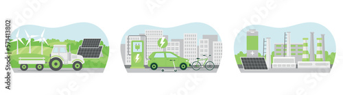 Sustainability illustration set. Scenes with alternative energy sources for factories, farms and cities. Charging station for electric cars, solar panels and windmills. Cartoon flat vector collection
