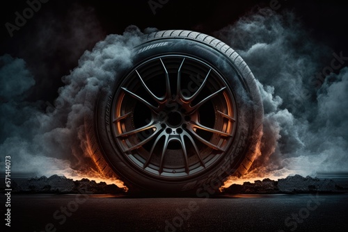 Tire burnout with smoke and fire. Burning rubber. Generative AI