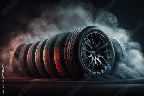 Tires smoking on asphalt. Generative AI
